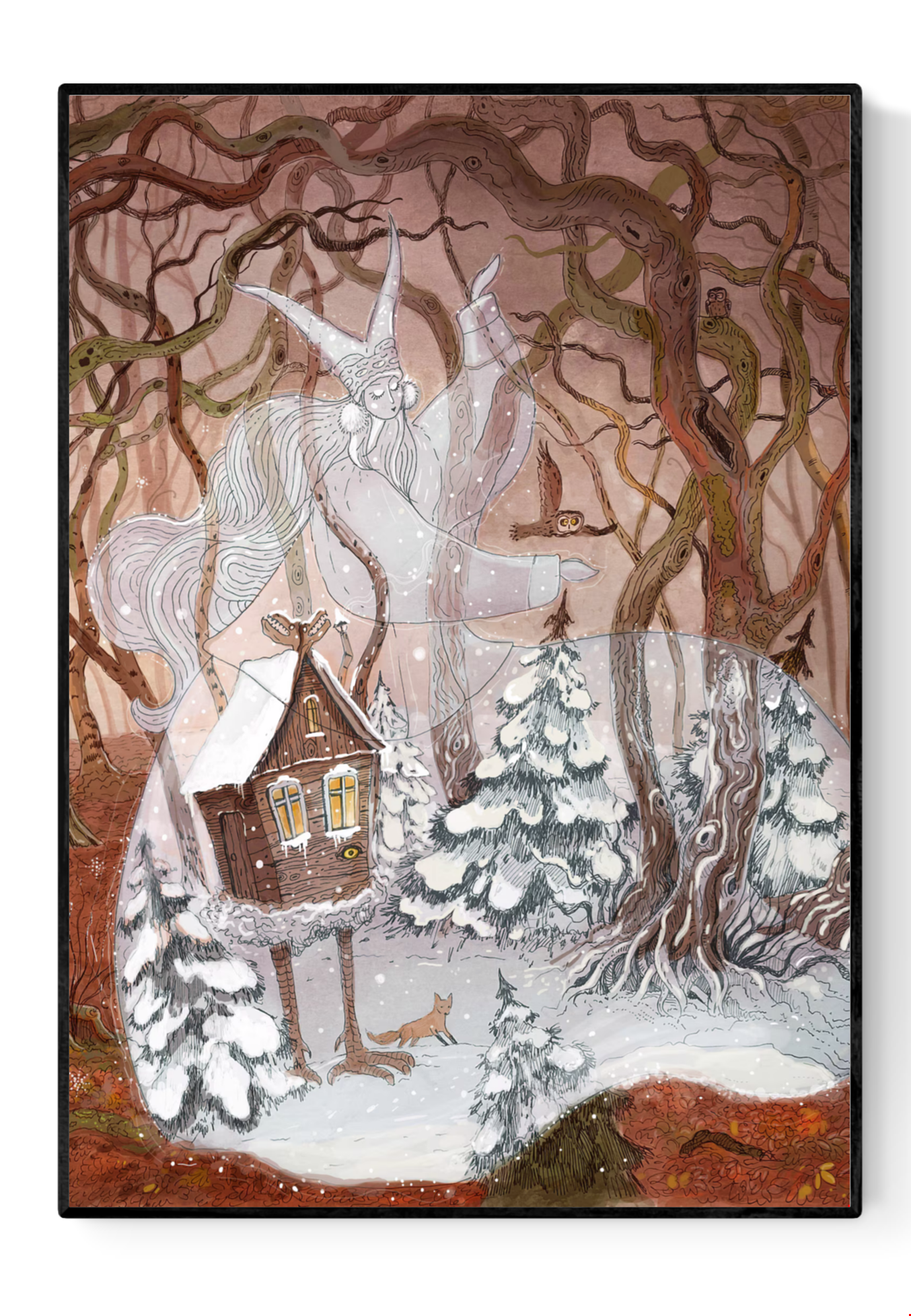 Enchanting winter illustration Baba Yaga’s Cabin by Lena Yampolski — giclée art print featuring a magical hut on chicken legs in a snowy forest, inspired by Slavic folklore and Andersen’s Snow Queen. Perfect fairy-tale wall art for cozy homes and kids’ rooms.