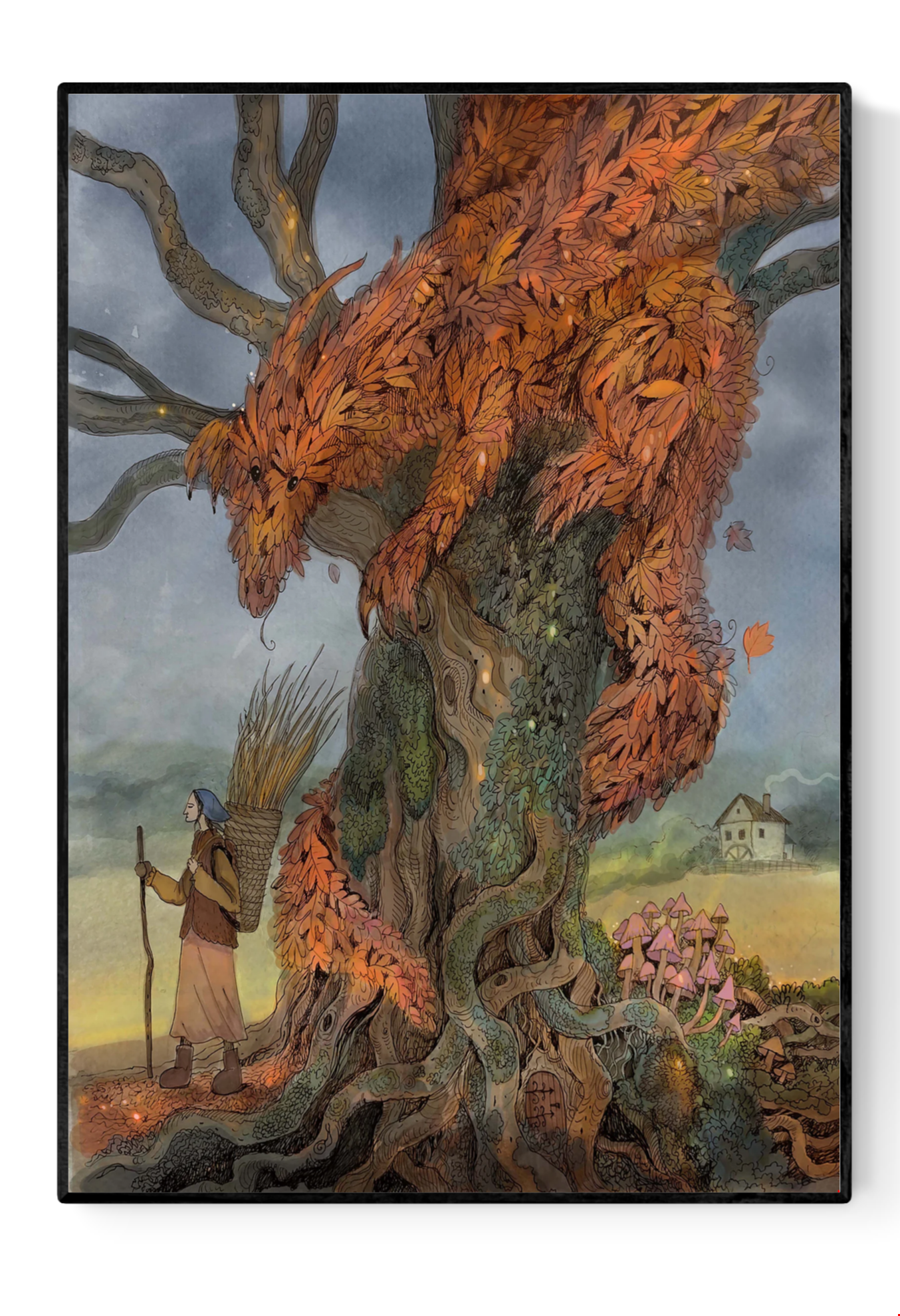 A detailed fantasy illustration titled Beast of Autumn by Lena Yampolski, featuring a majestic dragon made of orange leaves resting in a giant ancient tree while a villager with a basket walks nearby, surrounded by mushrooms and a misty countryside house — a magical autumn scene perfect for cozy interior decor and art lovers.