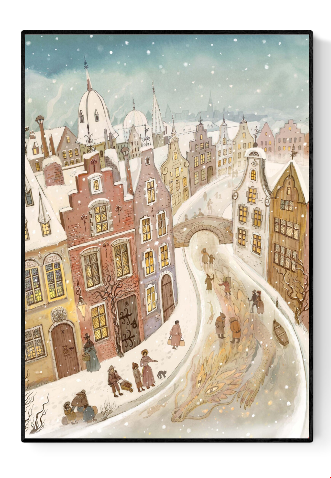 Snow Dragon art print by Lena Yampolski — whimsical winter city illustration featuring a golden dragon sleeping beneath a frozen canal, surrounded by people and snow-covered medieval houses. Cozy fairytale giclée print perfect for Christmas home decor.