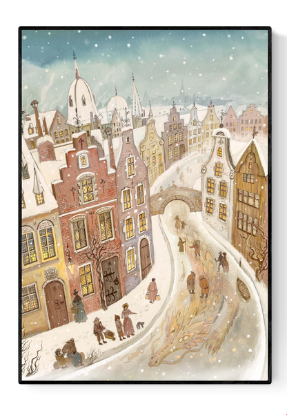 Snow Dragon art print by Lena Yampolski — whimsical winter city illustration featuring a golden dragon sleeping beneath a frozen canal, surrounded by people and snow-covered medieval houses. Cozy fairytale giclée print perfect for Christmas home decor.
