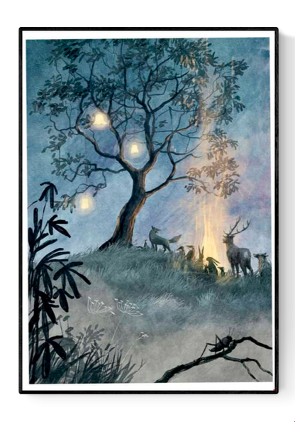 Dreamlike digital art print Boom by Belgian illustrator Stien van Kerckhoven, showing forest animals gathered around a glowing fire under a tree with lanterns — a magical night scene evoking peace, warmth, and wonder. Perfect wall art for cozy, nature-inspired interiors.