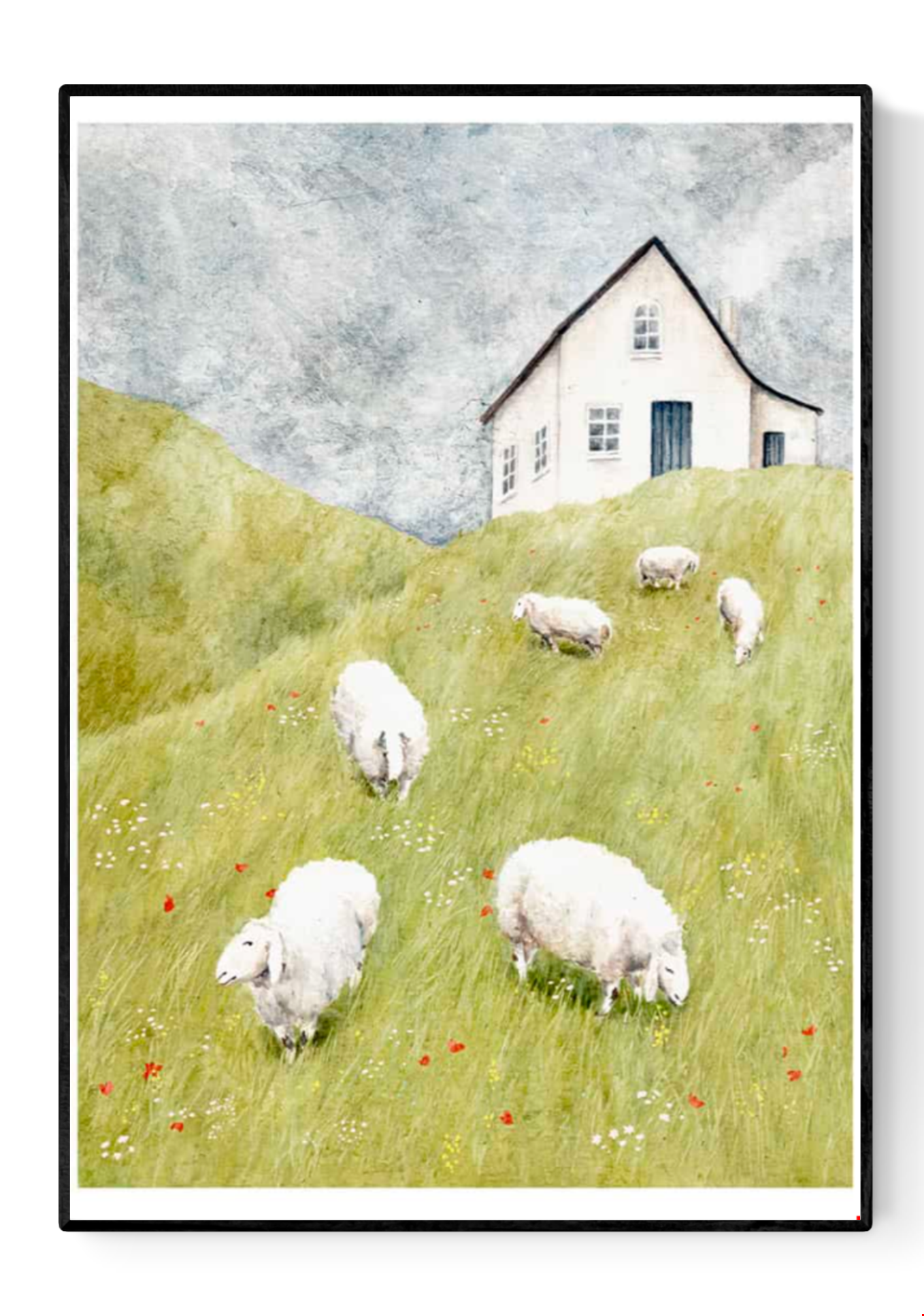 A soft watercolor-style illustration showing a white farmhouse on a green hill under a cloudy sky, with several fluffy sheep grazing among wildflowers. A serene and poetic countryside art print by Stien van Kerckhoven, perfect for cozy interiors and Scandinavian-inspired decor.