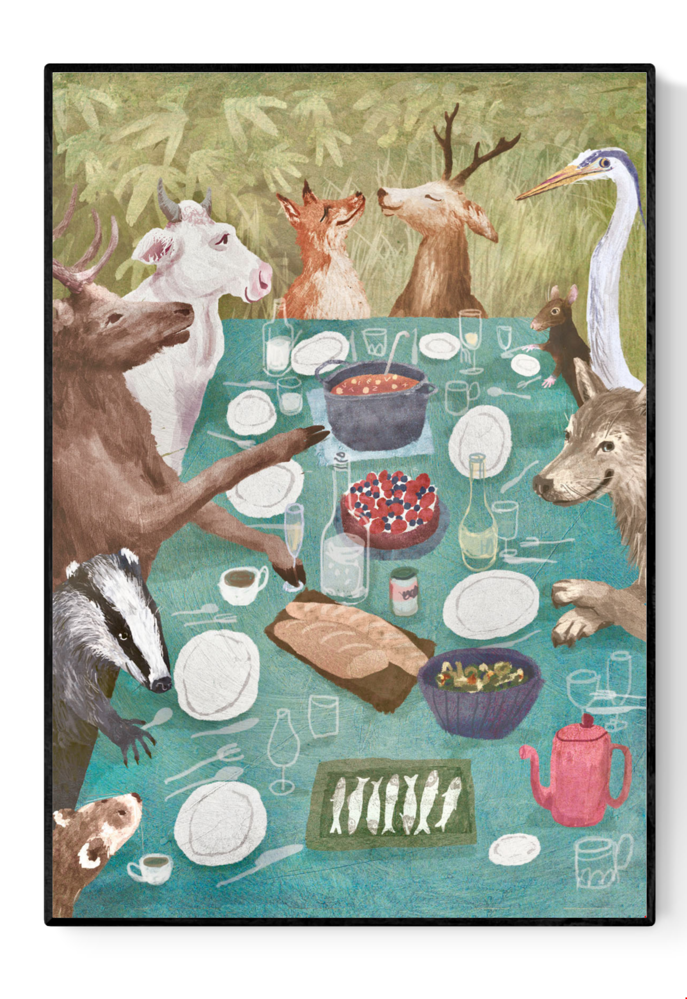 Bosfeest art print by Stien van Kerckhoven featuring a joyful forest feast with animals dining together around a blue table in a woodland setting — wolf, deer, fox, heron, and badger sharing food, wine, and laughter. Warm, whimsical giclée illustration celebrating friendship and nature.