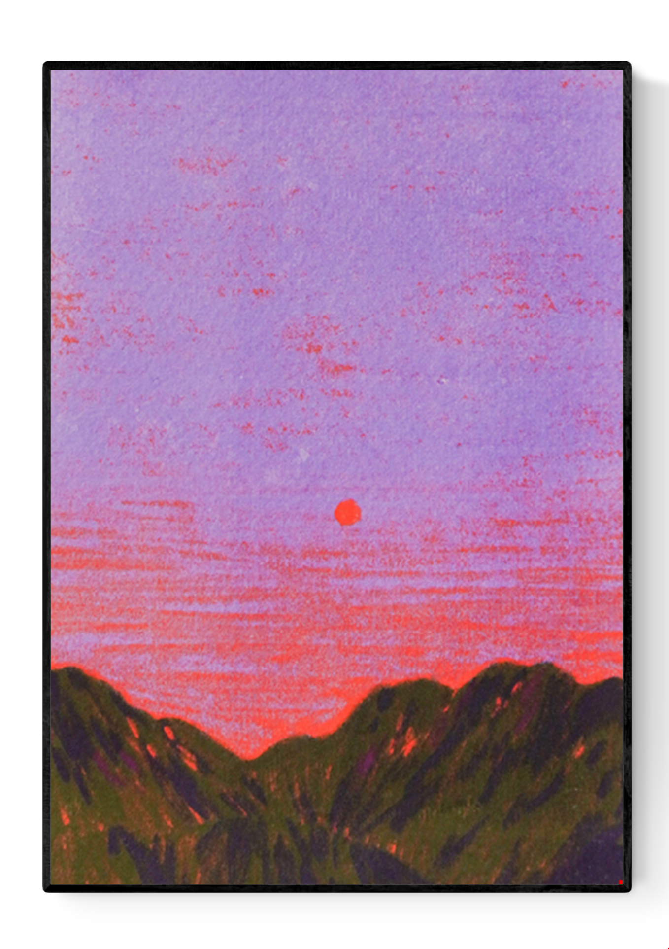 Atmospheric landscape illustration titled ‘China’ by Linde Raats, featuring a minimalist sunset over dark green mountains under a vivid purple and pink sky. This serene and dreamy art print captures the tranquility of dusk with a bold, contemporary color palette—perfect wall decor for lovers of modern travel art, Asian landscapes, and minimal aesthetic prints, available at Galerie Frits