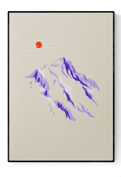 Minimalist illustration of a snow-capped purple mountain under an orange sun – Mountain Sketch by Linde Raats, A6 Giclée art print made in Belgium.