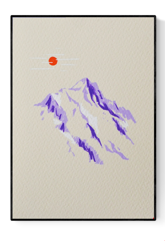 Minimalist illustration of a snow-capped purple mountain under an orange sun – Mountain Sketch by Linde Raats, A6 Giclée art print made in Belgium.