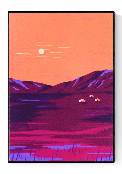 Colorful illustration of the Mongolian landscape at sunset with orange skies, purple mountains, and traditional yurts, created by Belgian illustrator Linde Raats.