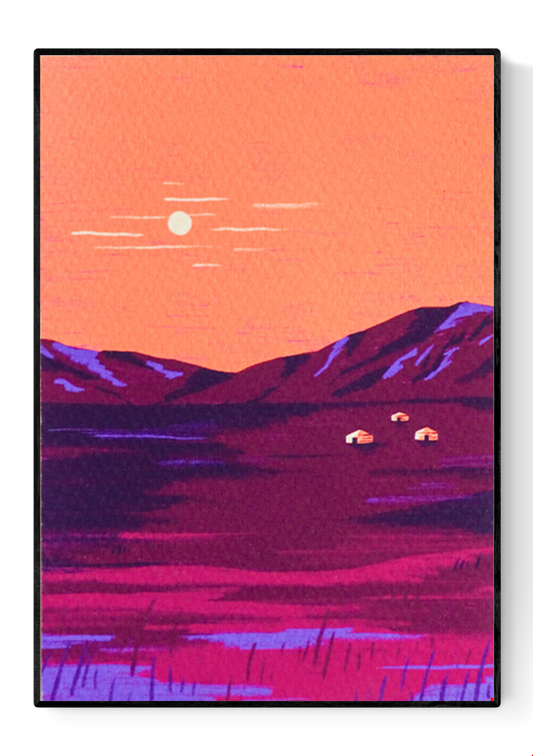 Colorful illustration of the Mongolian landscape at sunset with orange skies, purple mountains, and traditional yurts, created by Belgian illustrator Linde Raats.