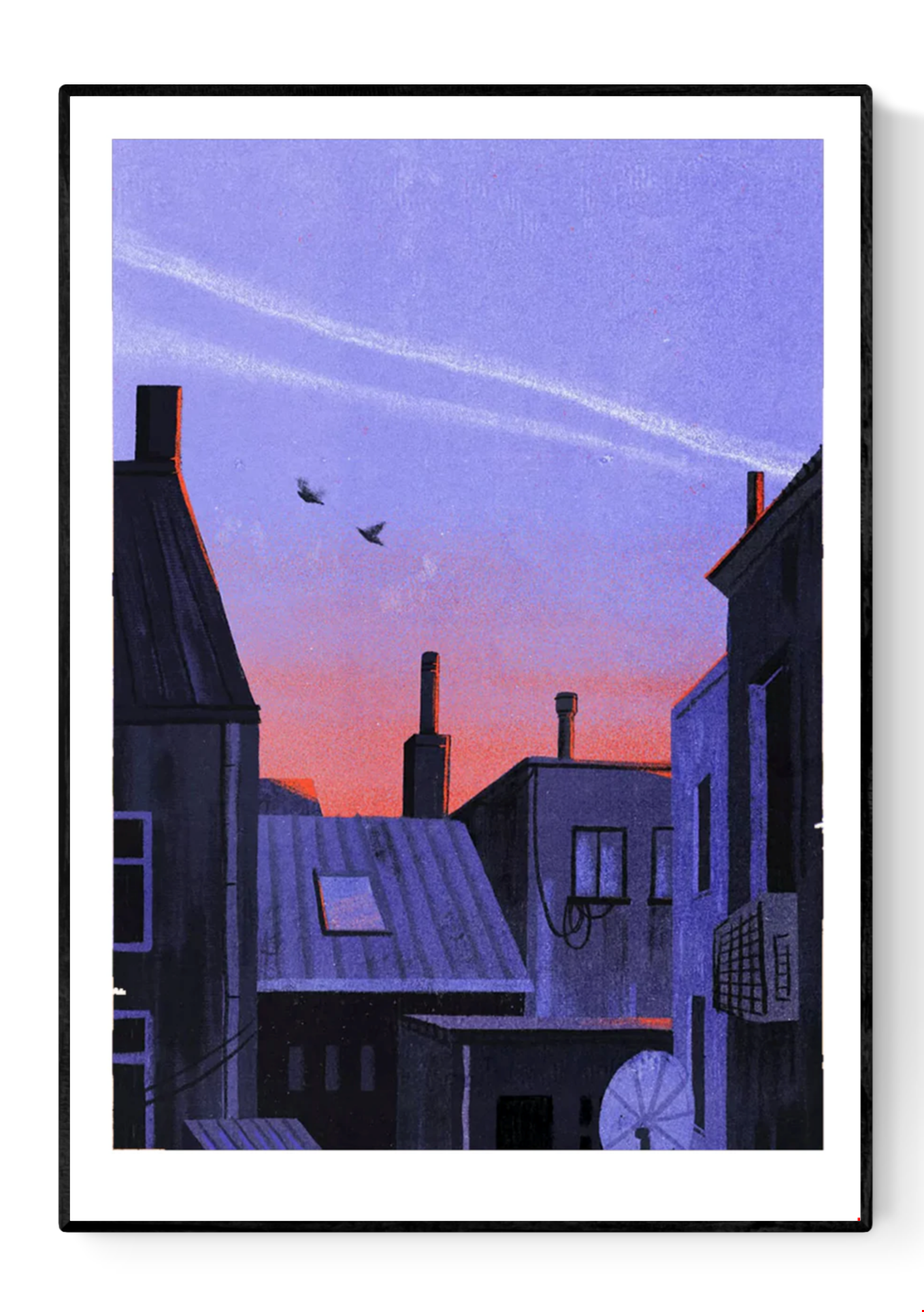 Fine art giclée print titled Ghent by Belgian illustrator Linde Raats, depicting peaceful city rooftops at sunset in shades of purple and orange, minimalist urban landscape wall art inspired by Ghent, Belgium — perfect for home décor and art collectors.