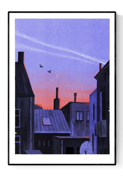 Fine art giclée print titled Ghent by Belgian illustrator Linde Raats, depicting peaceful city rooftops at sunset in shades of purple and orange, minimalist urban landscape wall art inspired by Ghent, Belgium — perfect for home décor and art collectors.