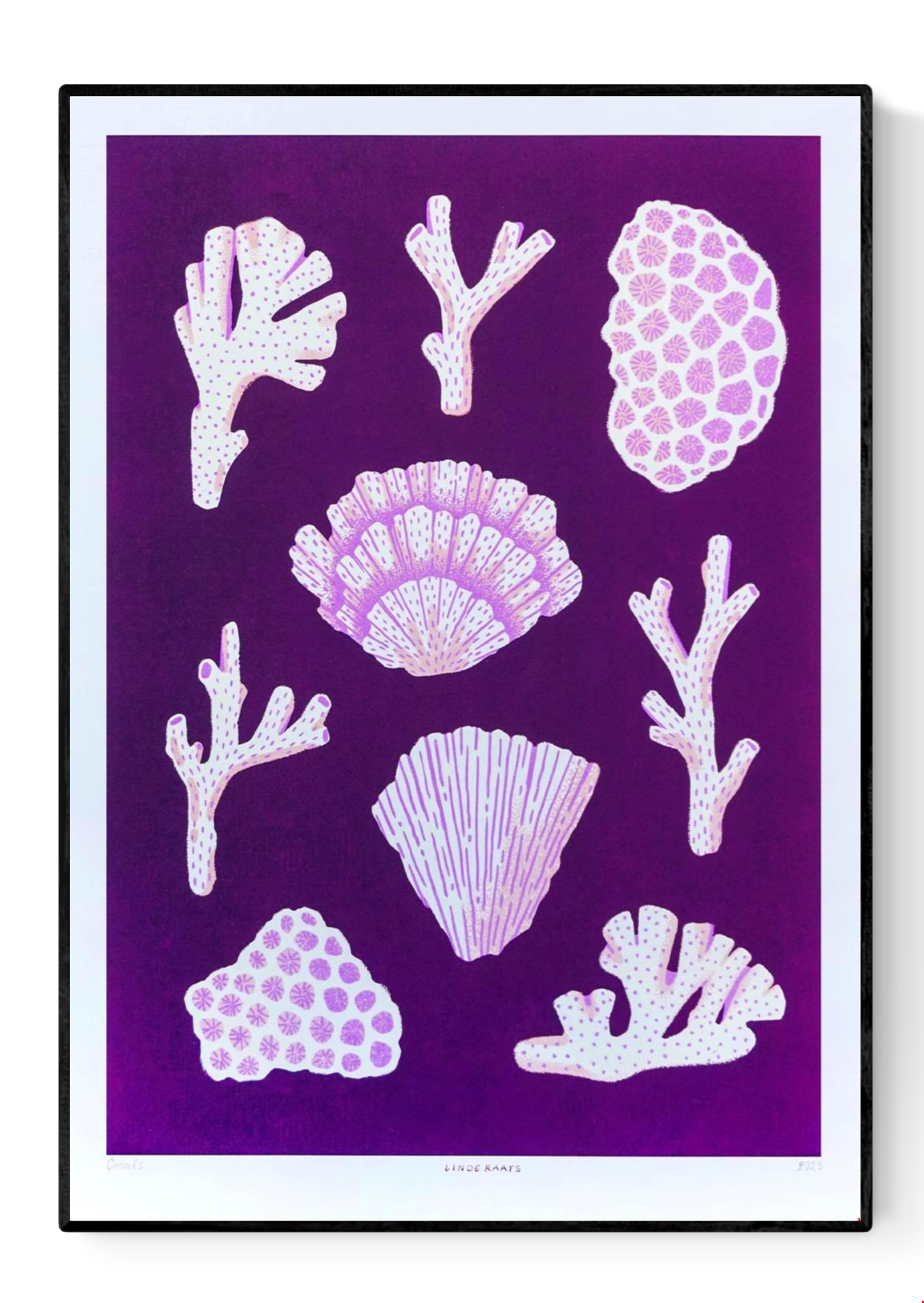 Modern coral reef art print titled ‘Corals’ by Linde Raats, featuring stylized pink and white coral shapes on a deep purple background. A vibrant and nature-inspired illustration perfect for coastal decor, ocean lovers, and contemporary interior design. Available exclusively at Galerie Frits