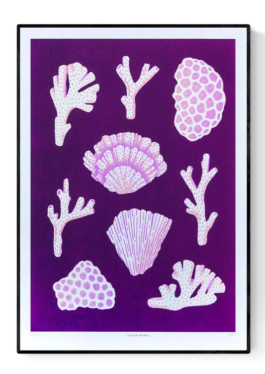 Modern coral reef art print titled ‘Corals’ by Linde Raats, featuring stylized pink and white coral shapes on a deep purple background. A vibrant and nature-inspired illustration perfect for coastal decor, ocean lovers, and contemporary interior design. Available exclusively at Galerie Frits
