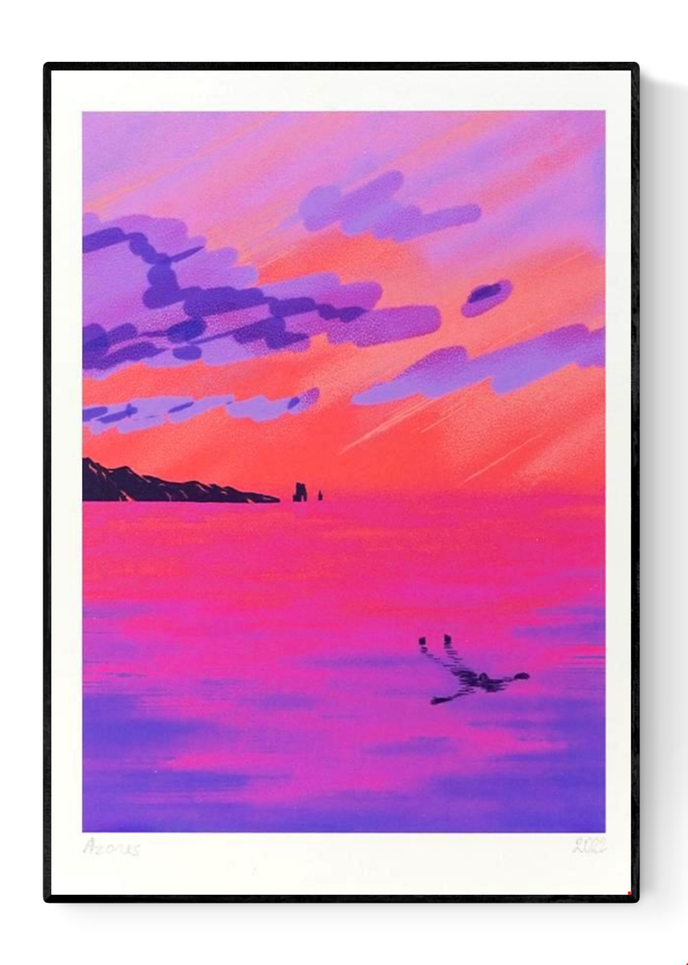 Vibrant sunset seascape illustration by Linde Raats titled 'Azores,' depicting a dreamy ocean view in striking shades of pink, purple, and coral. A lone swimmer floats peacefully in the glowing water as dramatic clouds stretch across the colorful sky—an evocative and serene print inspired by the Azores, perfect for lovers of tranquil landscapes and bold contemporary color palettes