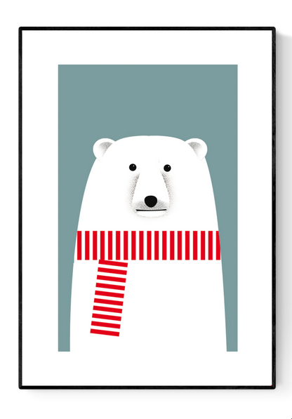 Minimalist illustration by Studio Frits of a charming polar bear wearing a bold red and white striped scarf against a soft blue background. Clean lines and Scandinavian-inspired design make this print a playful yet stylish addition to modern nurseries, seasonal decor, or minimalist art collections