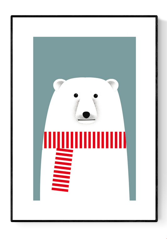 Minimalist illustration by Studio Frits of a charming polar bear wearing a bold red and white striped scarf against a soft blue background. Clean lines and Scandinavian-inspired design make this print a playful yet stylish addition to modern nurseries, seasonal decor, or minimalist art collections