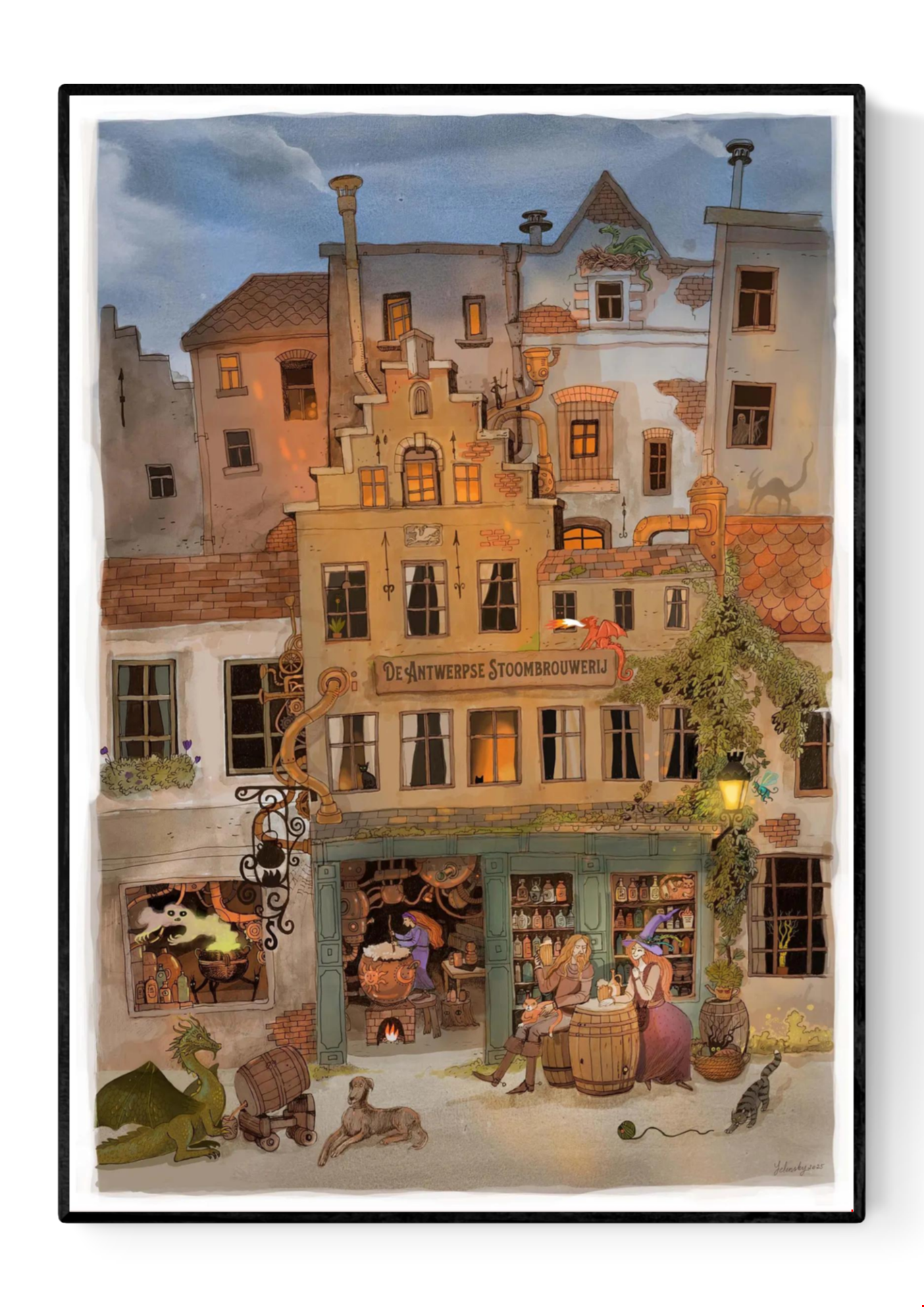 Whimsical fantasy illustration of a steampunk brewery in Antwerp with witches, dragons, and glowing lights by Lena Yampolski. Detailed giclée art print inspired by Flemish architecture, Belgian beer, and magical storytelling