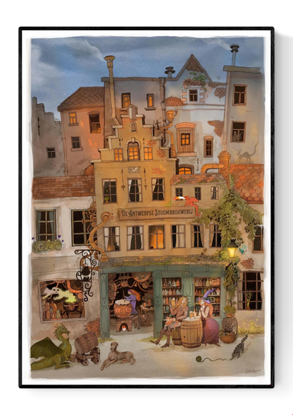 Whimsical fantasy illustration of a steampunk brewery in Antwerp with witches, dragons, and glowing lights by Lena Yampolski. Detailed giclée art print inspired by Flemish architecture, Belgian beer, and magical storytelling