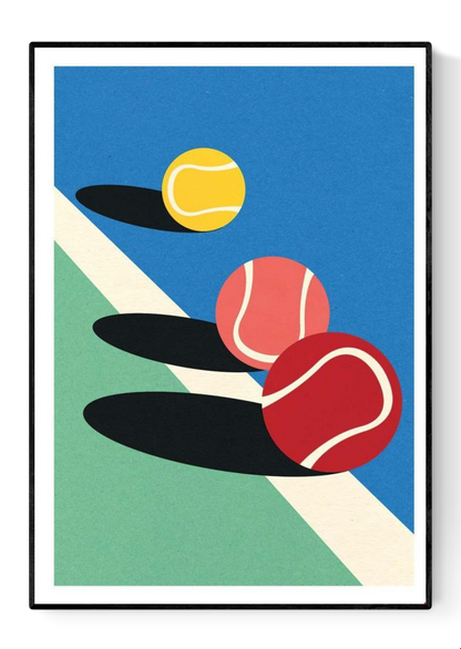 Minimalist art print 3 Tennis Balls by Rosi Feist — a vibrant digital illustration featuring three tennis balls in red, yellow, and pink with bold shadows on a blue and green court. Perfect contemporary wall art for sport lovers and modern design enthusiasts, 50 x 70 cm high-quality digital print.