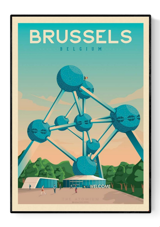 Vintage-style Brussels travel poster by Olahoop Travel Posters featuring the Atomium under a pastel sky. Retro digital art print in turquoise and orange tones, perfect wall decor for travelers and design enthusiasts. Printed in France, size 50x70 cm.