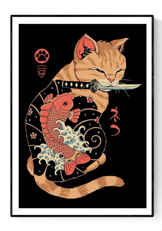 High-quality digital art print by Vincent Trinidad titled Tattooed Cat, featuring a stylized orange cat with a koi fish tattoo and a katana in its mouth, blending Japanese tattoo art and pop culture aesthetics. Perfect wall art for lovers of Japan-inspired design and contemporary illustration.