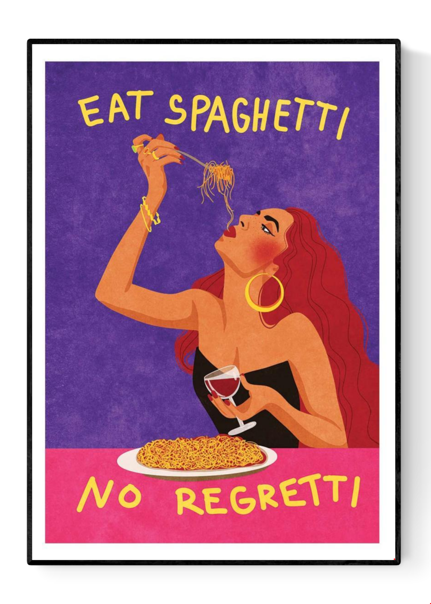 Colorful pop art poster by Raissa Oltmanns showing a glamorous woman with red hair eating spaghetti and holding a glass of wine, with the phrase “Eat Spaghetti No Regretti” in bold yellow letters on a purple and pink background. Perfect kitchen wall art with Italian humor and retro style.