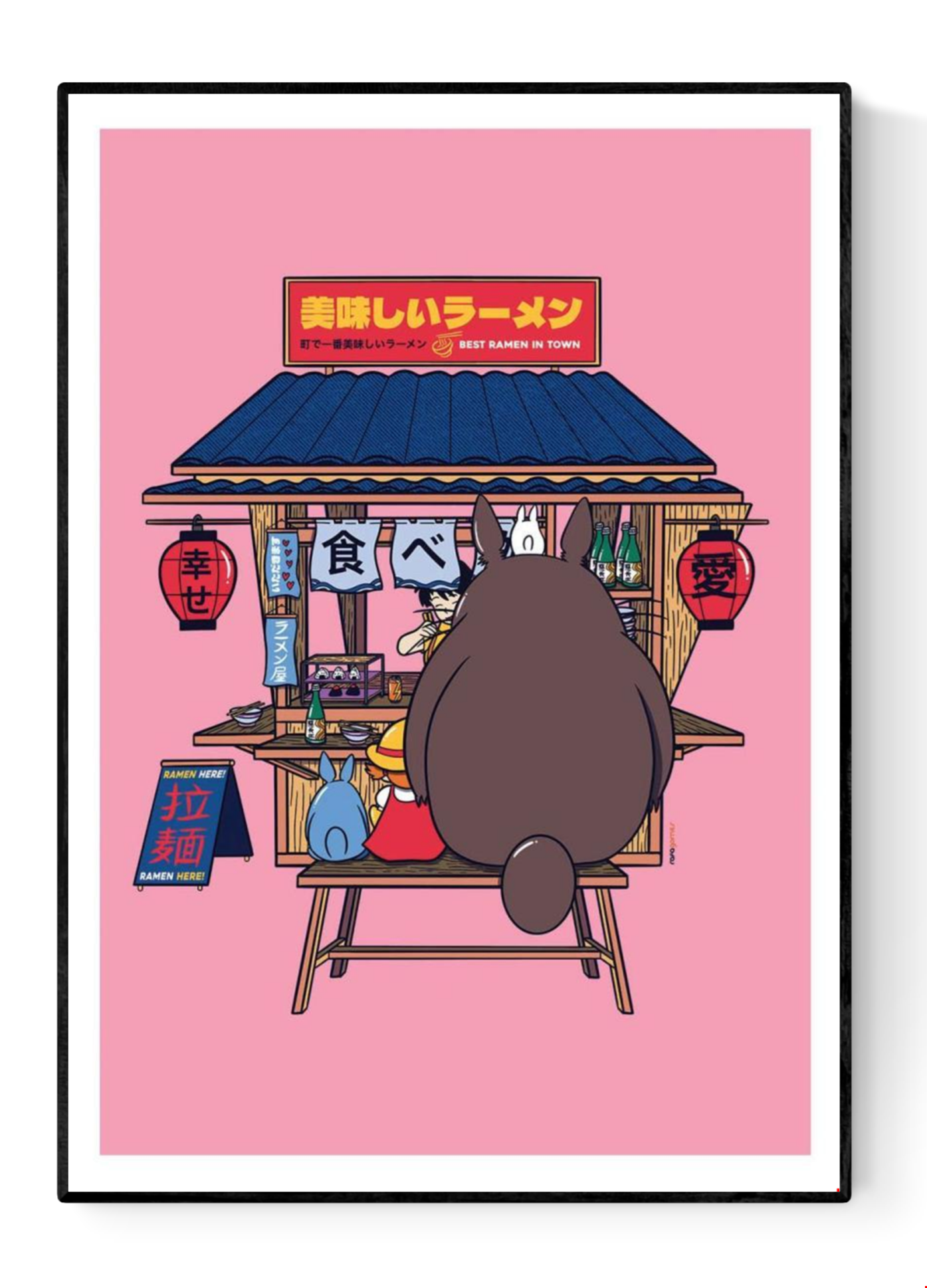 Colorful Japanese ramen stand illustration featuring Totoro and friends eating ramen under red lanterns, created by Rafa Gomes. Pop culture digital art print with pink background, inspired by anime and Japanese street food aesthetics.