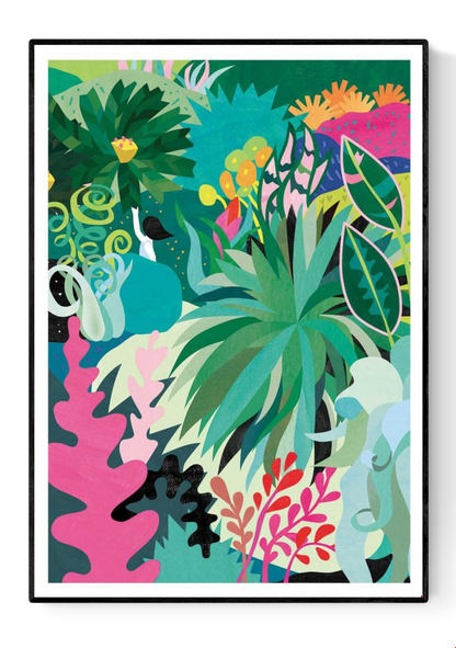 Colorful botanical art print by Shihotana featuring a vibrant jungle scene with lush tropical leaves, pink and green foliage, and abstract organic shapes. Perfect modern wall art for bright interiors and nature lovers.