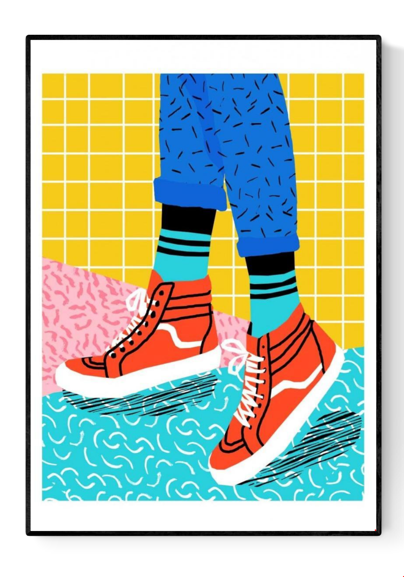 Vibrant pop art print titled Toe Drag by Wacka showing red high-top sneakers, bright patterned socks, and rolled-up blue jeans against a colorful Memphis-style background in yellow, pink, and turquoise — modern street art poster, 50x70 cm digital print, perfect for contemporary interiors and sneaker lovers.