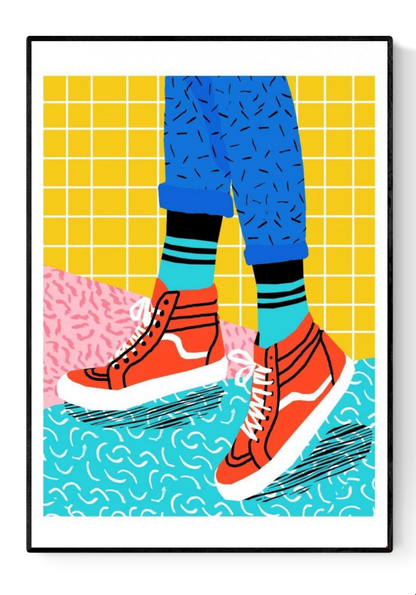 Vibrant pop art print titled Toe Drag by Wacka showing red high-top sneakers, bright patterned socks, and rolled-up blue jeans against a colorful Memphis-style background in yellow, pink, and turquoise — modern street art poster, 50x70 cm digital print, perfect for contemporary interiors and sneaker lovers.