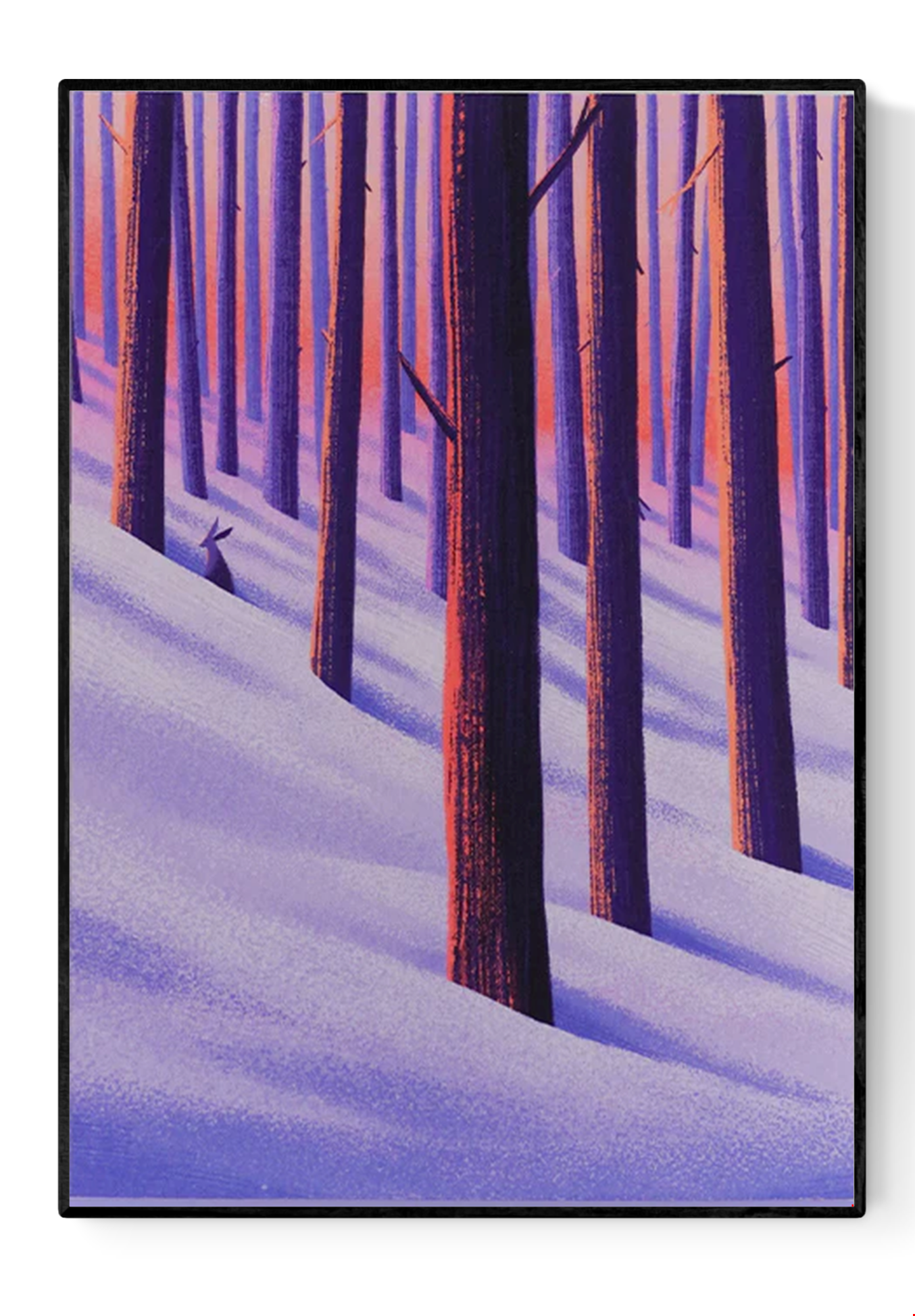 A6 Giclée print "Winter Woods" by Linde Raats, featuring a snowy forest scene with tall vertical trees in purple-orange tones and a small hare peeking from behind, printed on fine art paper.