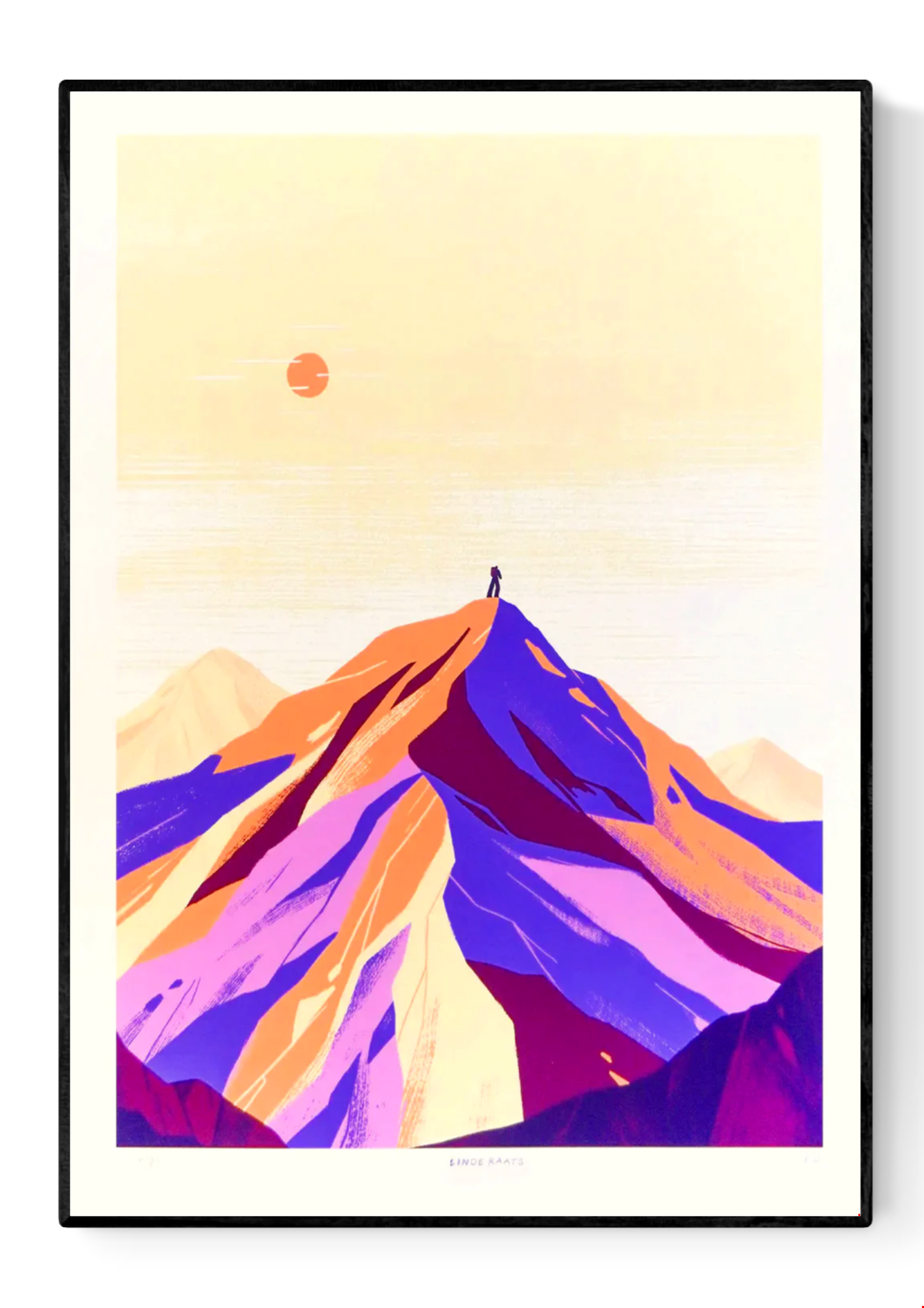 Minimalist giclée art print of the Alps by Belgian illustrator Linde Raats, featuring a pastel-colored mountain landscape in soft purple, peach, and cream tones with a small figure at the summit – 30x40 cm fine art print for modern interiors