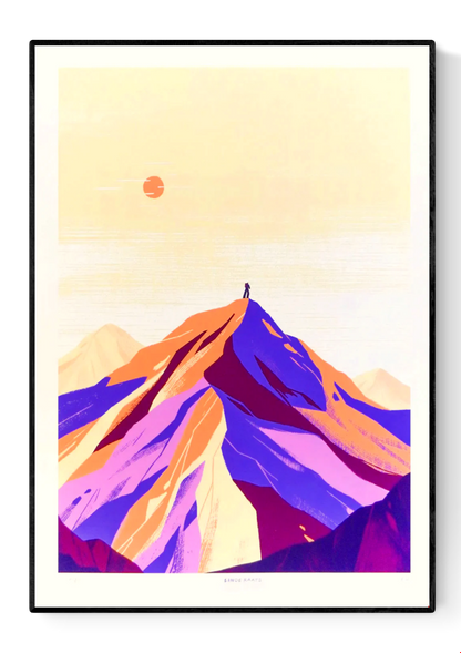 Minimalist giclée art print of the Alps by Belgian illustrator Linde Raats, featuring a pastel-colored mountain landscape in soft purple, peach, and cream tones with a small figure at the summit – 30x40 cm fine art print for modern interiors