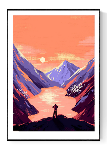 Minimalist mountain landscape art print — hiker with backpack overlooking a glowing orange lake between dramatic purple peaks at sunset, modern travel-inspired wall decor by illustrator Linde Raats