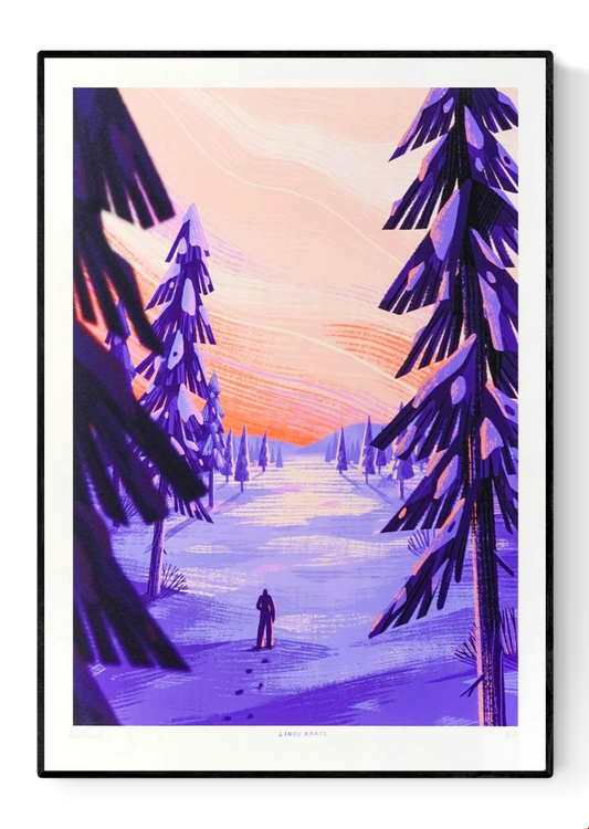 Art print titled Lapland by Belgian illustrator Linde Raats, featuring a snowy forest scene at sunset with purple and pink hues – 30 x 40 cm giclée print made in Belgium.