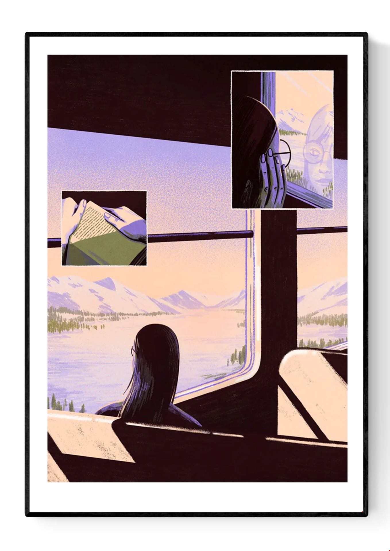 Giclée art print by Belgian illustrator Linde Raats showing a woman on a train gazing out at snowy Arctic mountains, with warm pastel hues and atmospheric light – 30x40 cm fine art print perfect for winter lovers and dreamy interiors