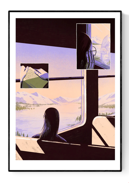 Giclée art print by Belgian illustrator Linde Raats showing a woman on a train gazing out at snowy Arctic mountains, with warm pastel hues and atmospheric light – 30x40 cm fine art print perfect for winter lovers and dreamy interiors