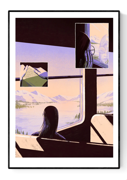 Giclée art print by Belgian illustrator Linde Raats showing a woman on a train gazing out at snowy Arctic mountains, with warm pastel hues and atmospheric light – 30x40 cm fine art print perfect for winter lovers and dreamy interiors