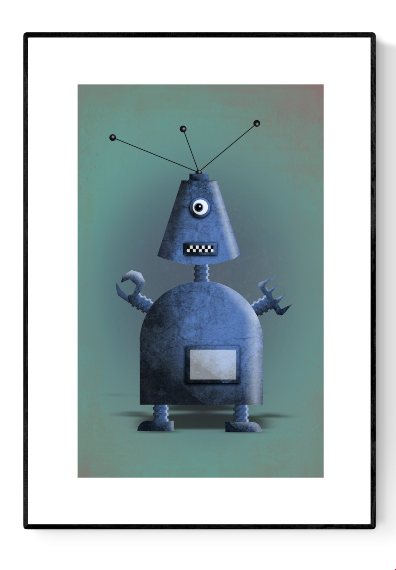 Blue Robot by Studio Frits – whimsical retro-style robot illustration with antennas and claw hands, digital art print for kids’ rooms or modern decor, available at Galerie Frits