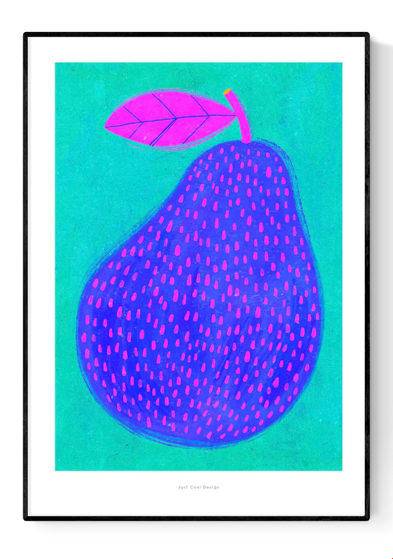 Vibrant giclée art print of a stylized blue-purple pear with pink dots and a bright magenta leaf, set against a turquoise background; bold, modern fruit illustration by Just Cool Design.