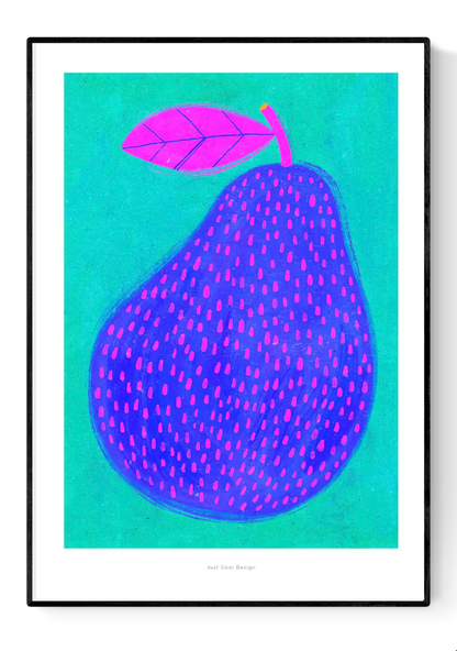 Vibrant giclée art print of a stylized blue-purple pear with pink dots and a bright magenta leaf, set against a turquoise background; bold, modern fruit illustration by Just Cool Design.