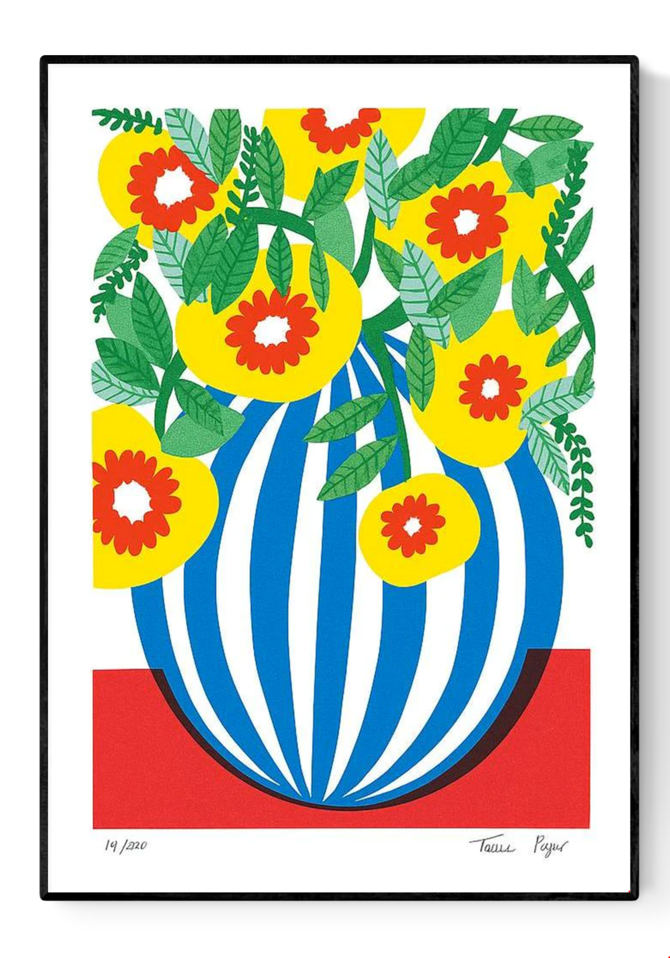 Blue Stripes Pot by Teresa Rego – colorful botanical art print featuring a bold blue-and-white striped vase with vibrant yellow, red, and green flowers, modern floral illustration for home decor, available at Galerie Frits