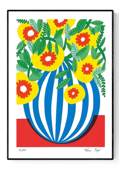 Blue Stripes Pot by Teresa Rego – colorful botanical art print featuring a bold blue-and-white striped vase with vibrant yellow, red, and green flowers, modern floral illustration for home decor, available at Galerie Frits
