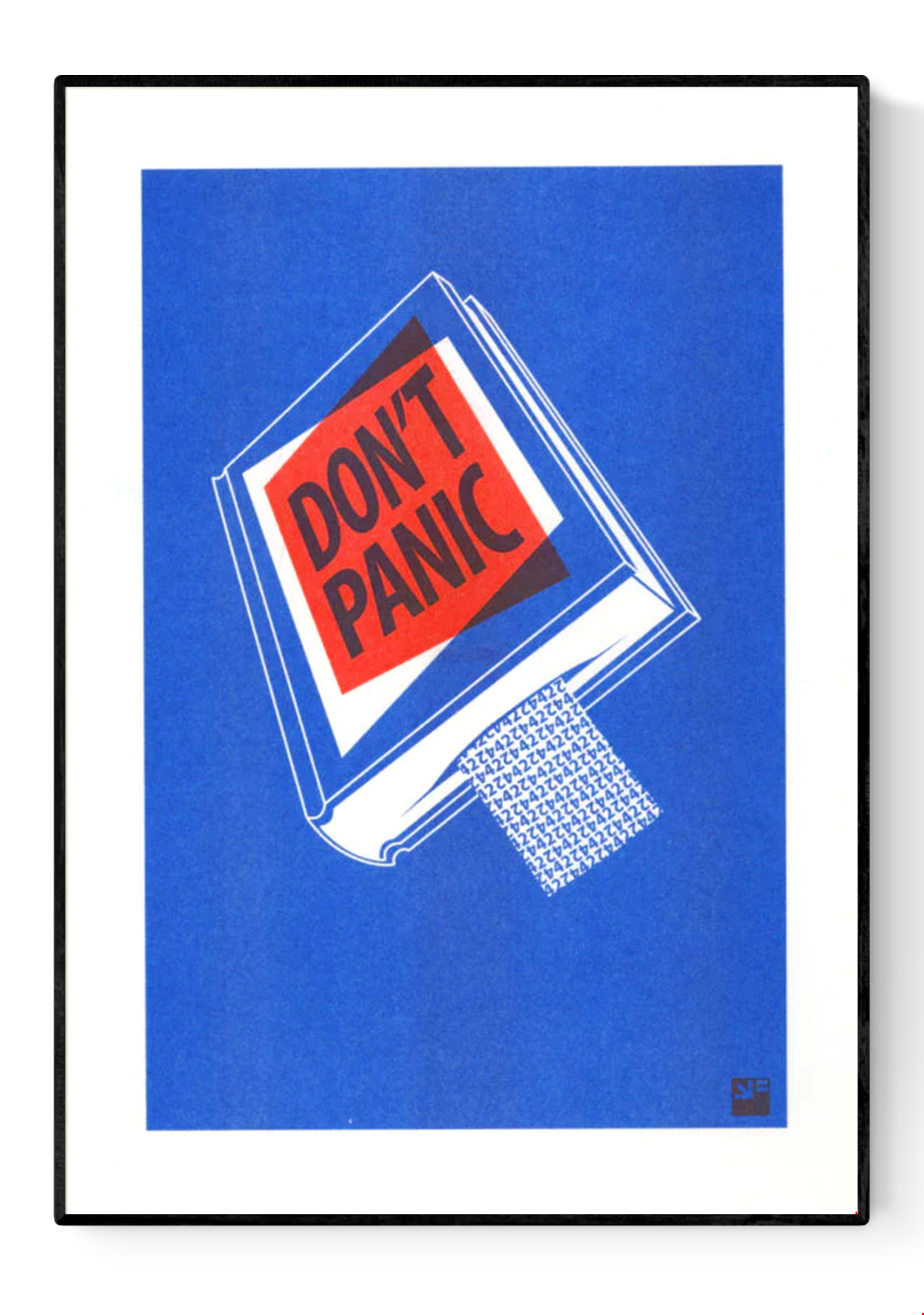 Risograph art print titled Book by VrijFormaat, featuring a blue book cover with bold red and black lettering reading “DON’T PANIC”, inspired by The Hitchhiker’s Guide to the Galaxy. Minimalist design printed in red and blue vegetable-based inks on Biotop paper, A4 size.