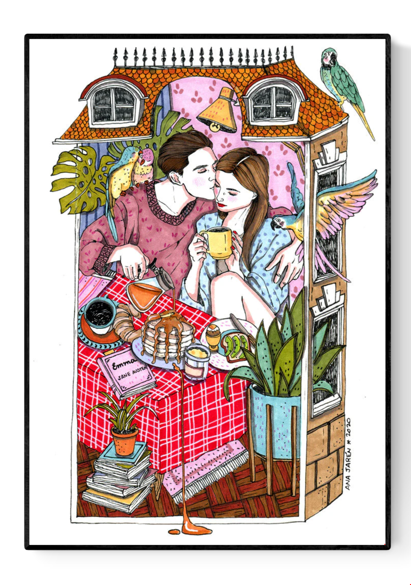 Romantic illustration by Ana Jarén of a couple sharing brunch in bed, surrounded by tropical plants, birds, and cozy details – A4 art print on acid-free paper, perfect for lovers of intimate, everyday life scenes.