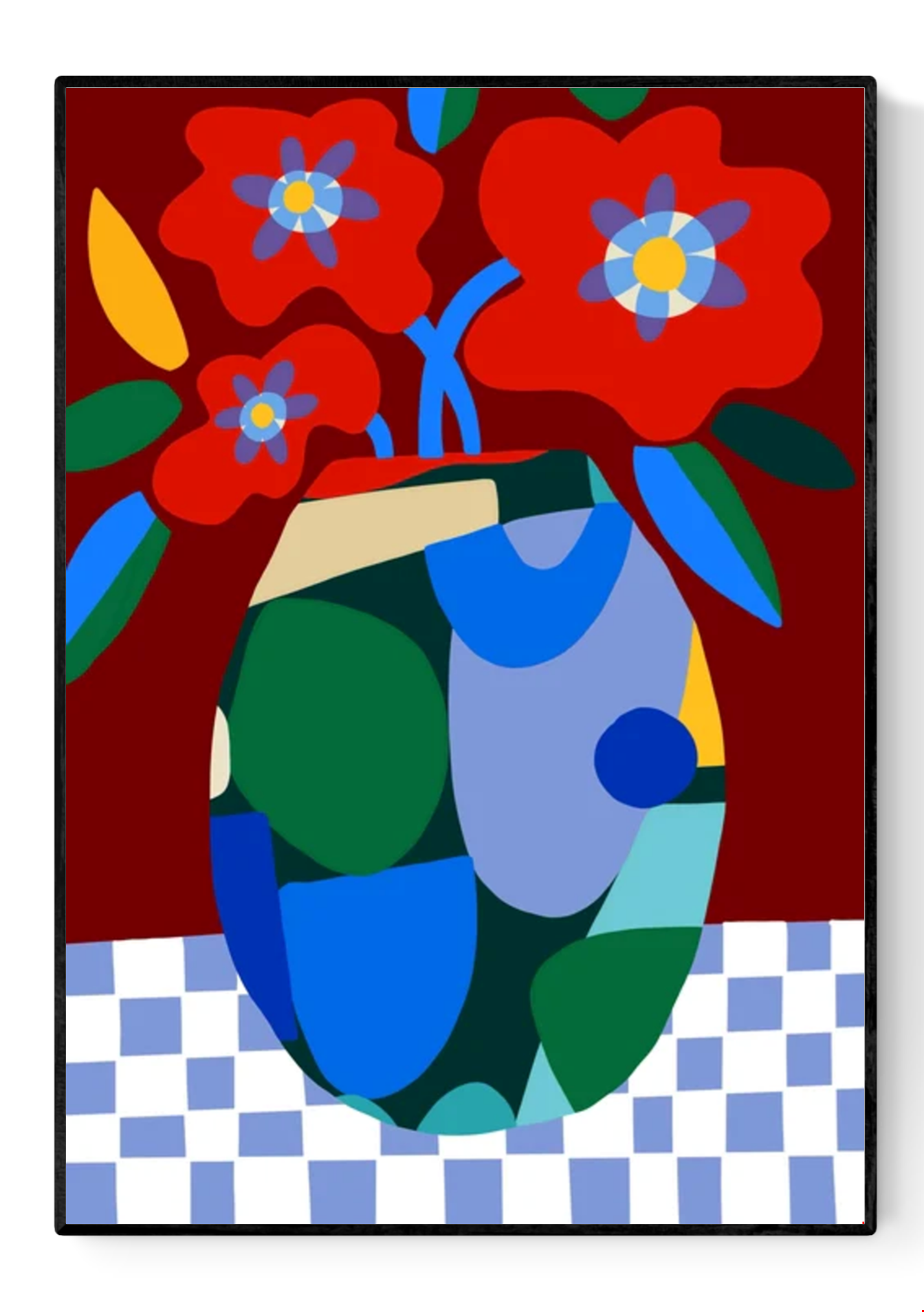 Burgundy on Check by Teresa Rego – colorful abstract floral art print with red flowers in a geometric vase on a checkered tablecloth, bold contemporary design perfect for modern home decor, available at Galerie Frits