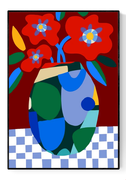 Burgundy on Check by Teresa Rego – colorful abstract floral art print with red flowers in a geometric vase on a checkered tablecloth, bold contemporary design perfect for modern home decor, available at Galerie Frits