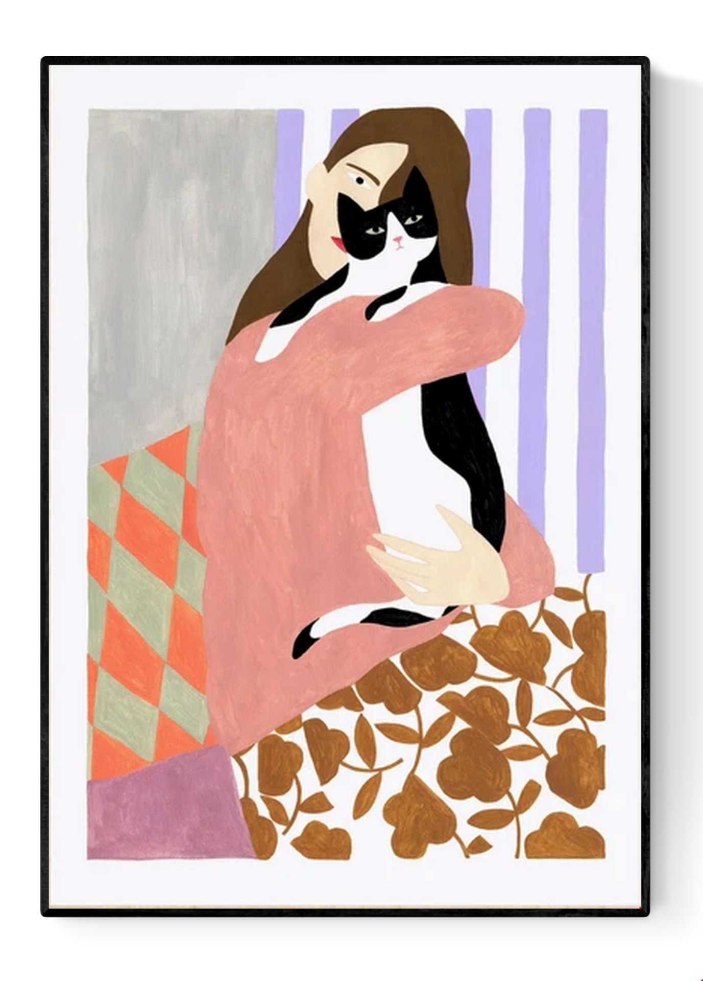 Art print 'Cat and Woman' by Depeapa – modern illustration of a woman lovingly embracing a black and white cat. Contemporary artwork with bold colors, patterned textiles, and minimalist forms. A cozy and emotional composition perfect for cat lovers and modern art collectors, available at Galerie Frits
