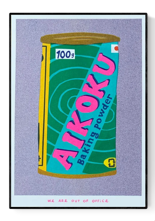 Colorful risograph print of a vintage Japanese Aikoku baking powder can by We Are Out of Office – pop-art kitchen illustration with pink, teal, and yellow details on Biotop paper.