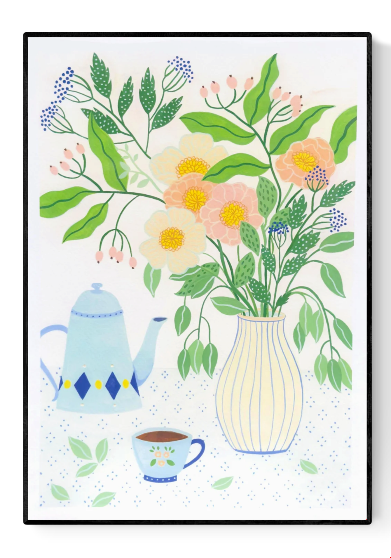 A3 art print "Afternoon Tea" by Leens featuring a pastel floral bouquet in a striped vase, vintage teapot, teacup, and dotted tablecloth. Perfect artwork for kitchens, tea lovers, or serene home corners.