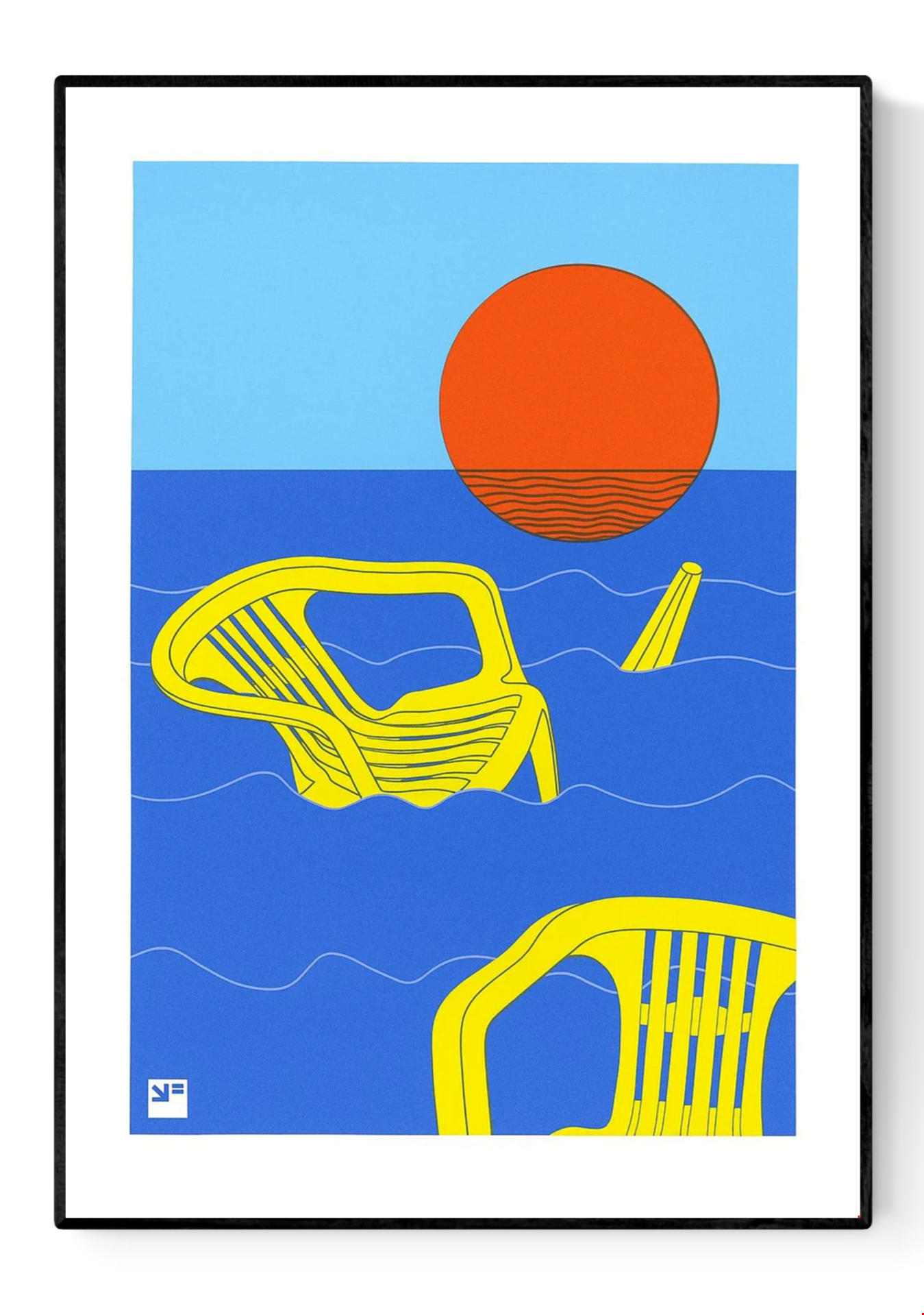 Bold graphic artwork by VrijFormaat depicting bright yellow plastic chairs adrift in deep blue ocean waves under a striking red sun. A minimalist, surreal scene evoking themes of climate change, nostalgia, and stillness—perfect for modern interiors and collectors of conceptual, thought-provoking art